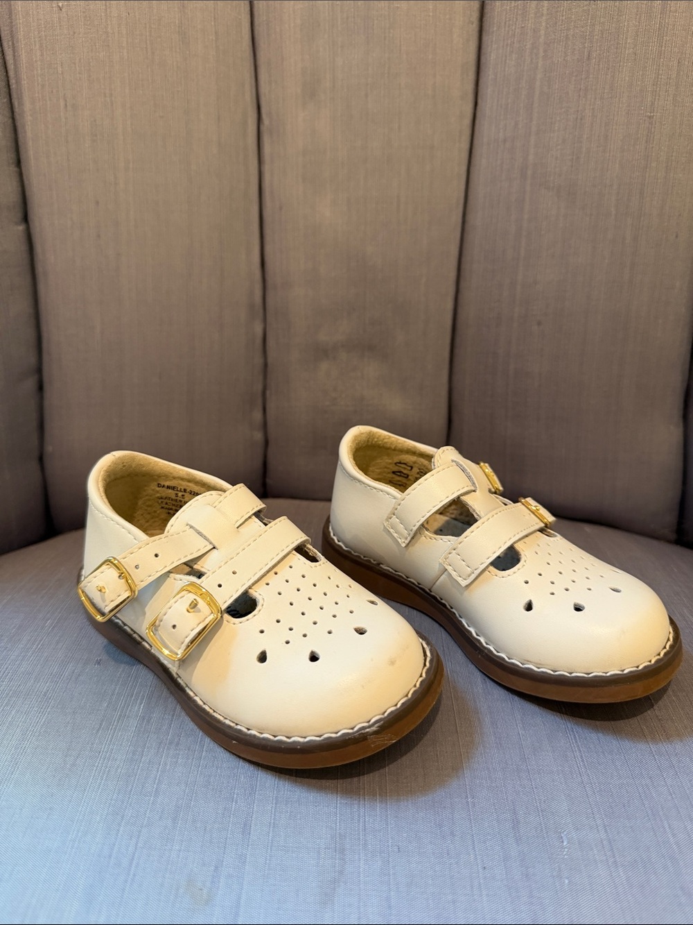 FootMates Cream Girls' Double-Buckle Mary Jane Shoes with Gold Buckles